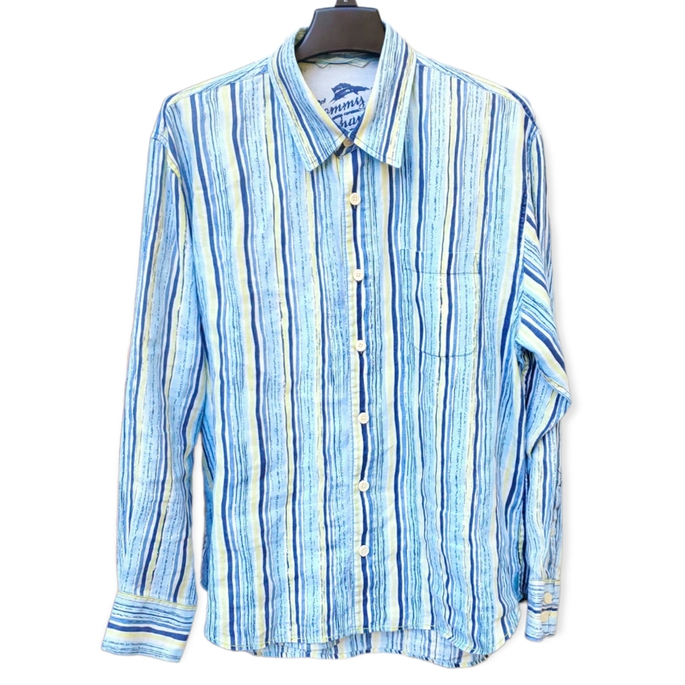 Tommy Bahama Men Sample Linen Shirt Button Front Long Sleeve Blue Striped Large